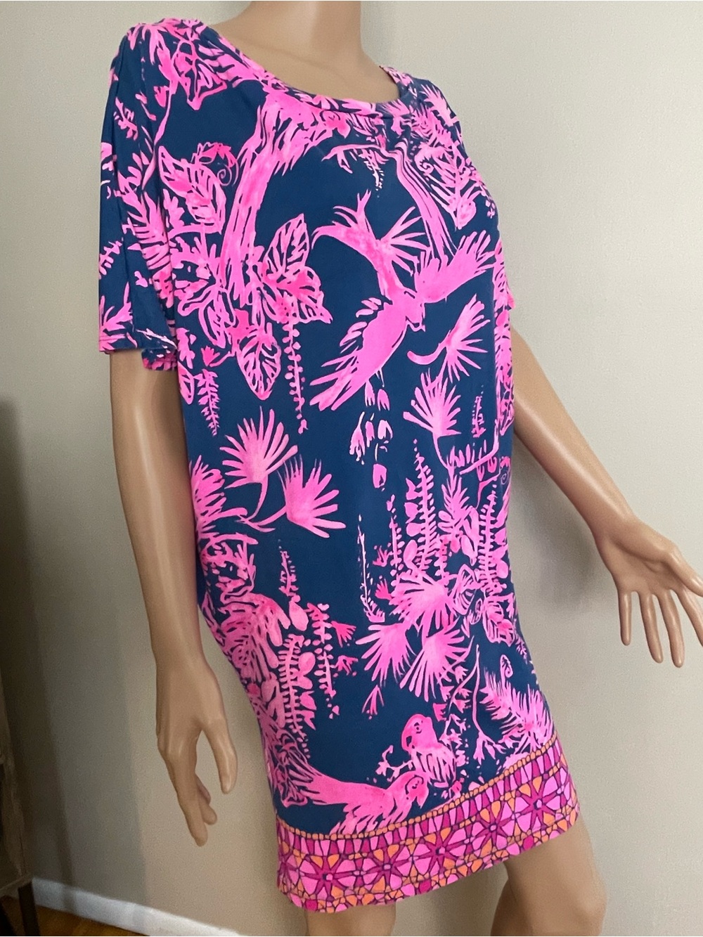 Women's LILLY PULITZER Blue & Pink LOWE "Indigo Night Caw" SHIFT Mini DRESS S